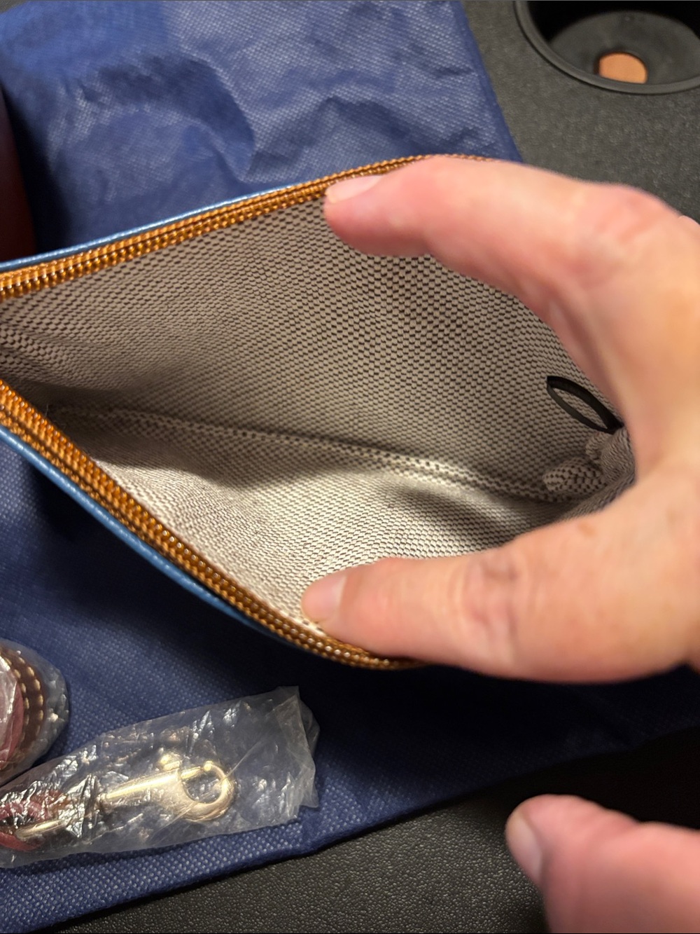 Dooney & Bourke Blue Pebbled Leather Satchel with Brown Trim and Wristlet - Picture 5 of 16